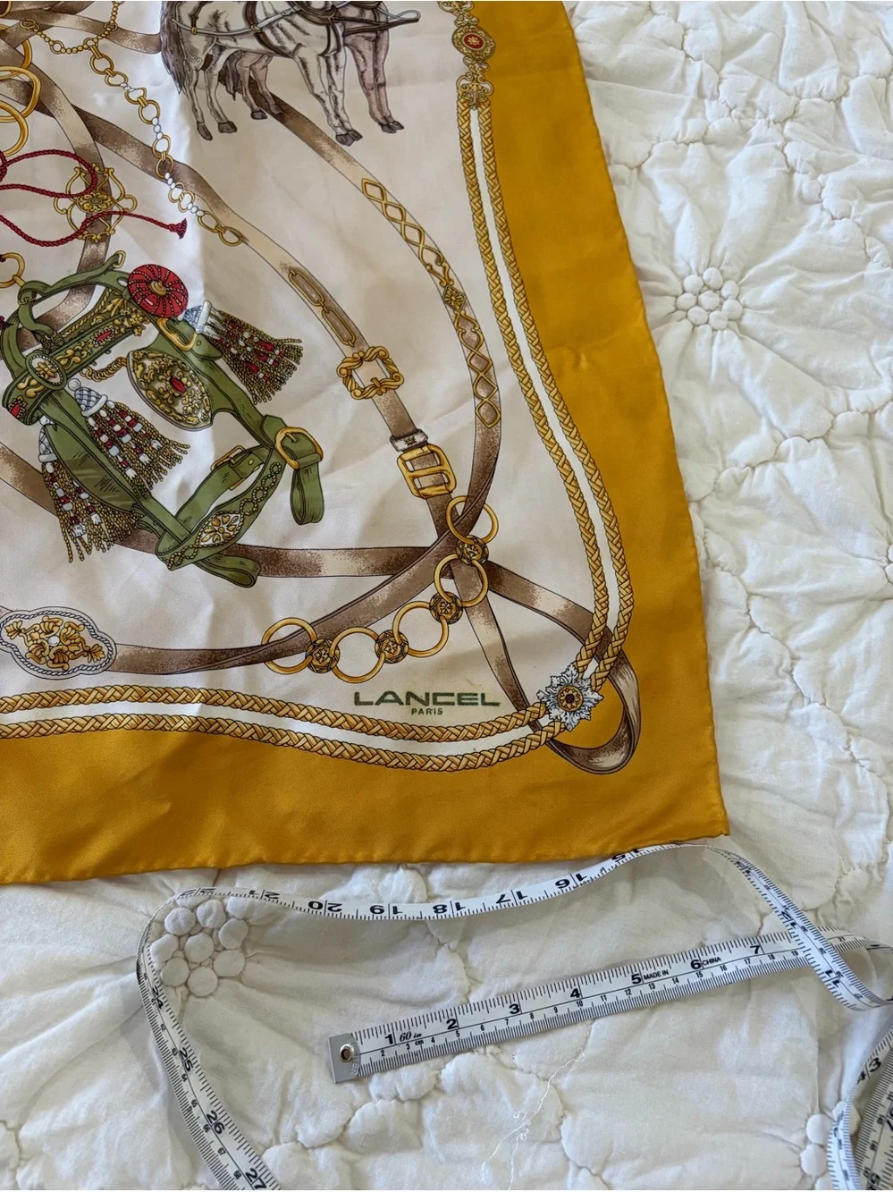 Lancel Paris Vintage Silk Scarf Equestrian Horse Print Mustard Yellow 34